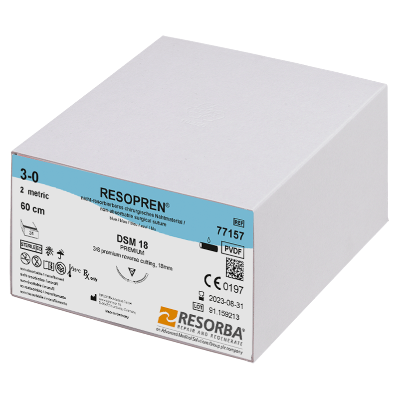 Резопрен USP3-0 синій, 60см, з кліпсами, звор-ріж. голка преміум 18мм, 3/8кола